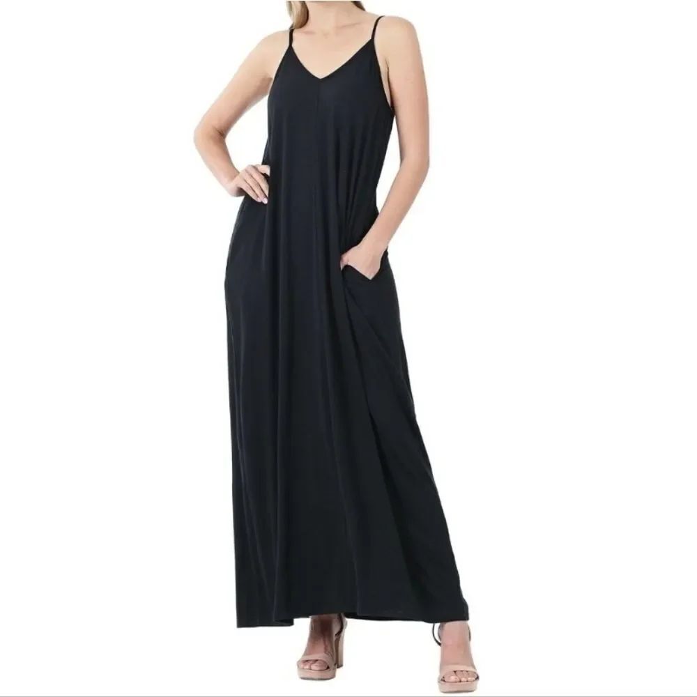 Venus Black V-Neck Cami Maxi Dress with Side Pockets